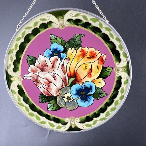 Joan Baker Designs Art Glass Suncatcher Bright Flowers Hand Painted Bird Garden - Picture 4 of 11